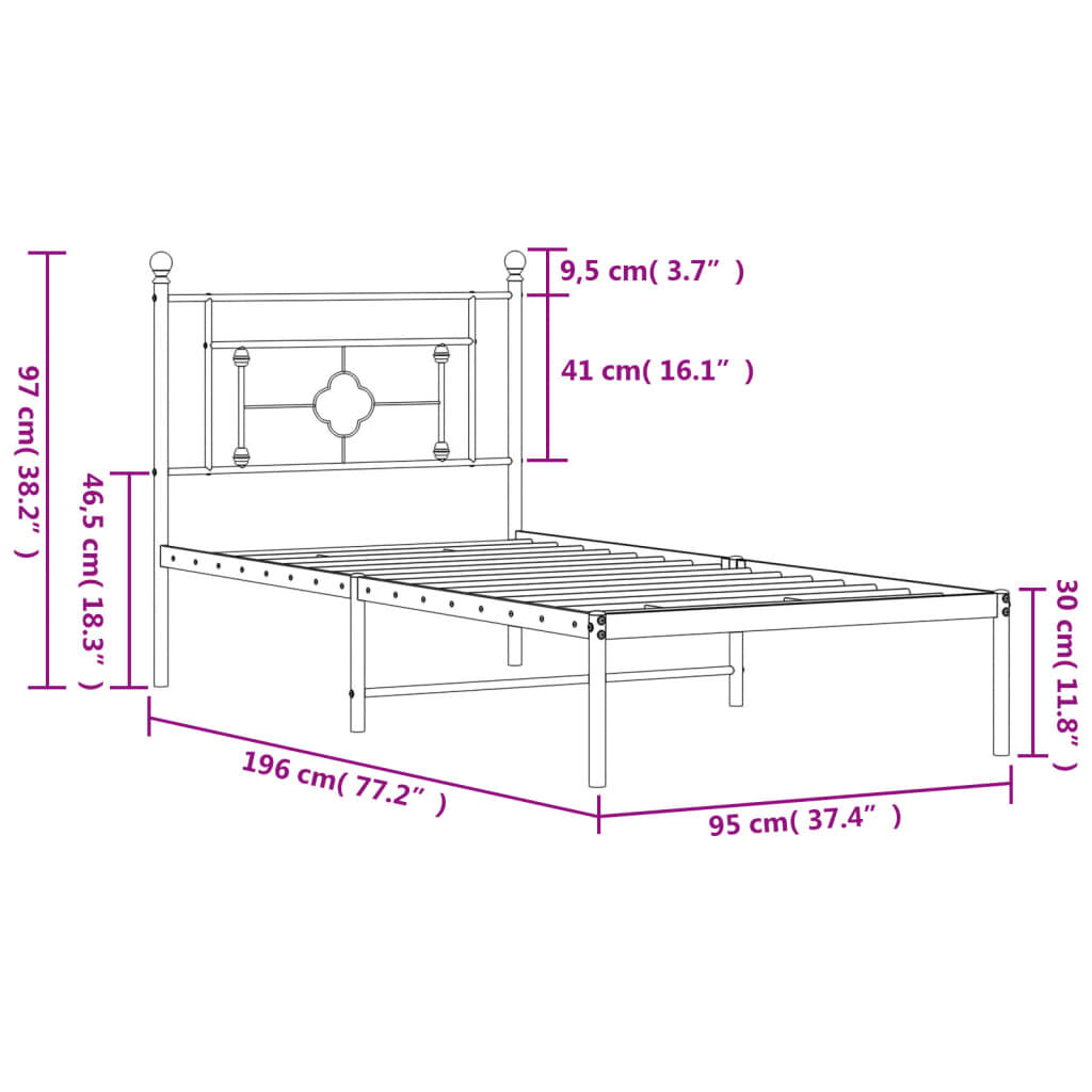 vidaXL Πλαίσιο Κρεβατιού με Κεφαλάρι Λευκό 90 x 190 εκ. Μεταλλικό