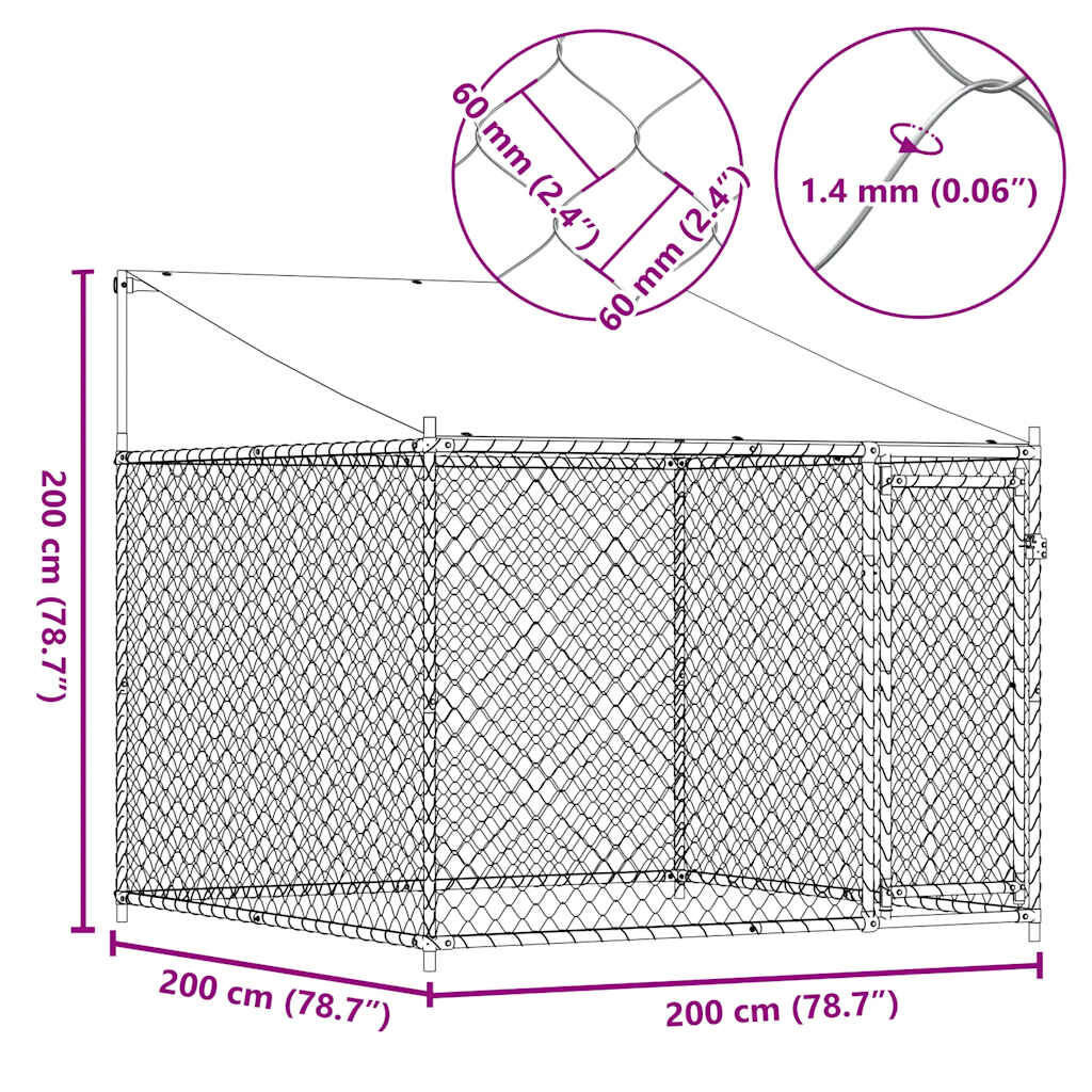 vidaXL Κλουβί Σκύλου με Οροφή και Πόρτες Γκρι 2x2x2 μ. Γαλβ. Χάλυβας