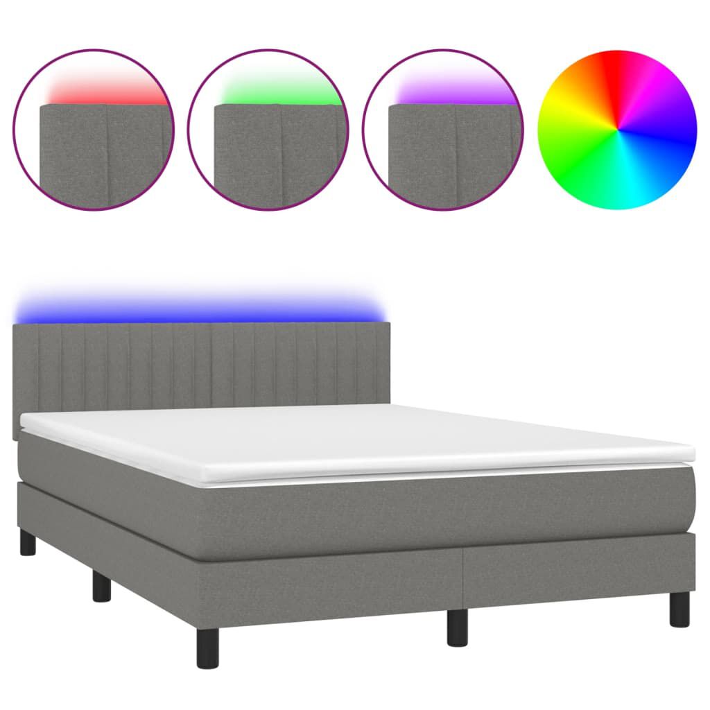 vidaXL Κρεβάτι Boxspring με Στρώμα & LED Σκ.Γκρι 140x190 εκ Υφασμάτινο
