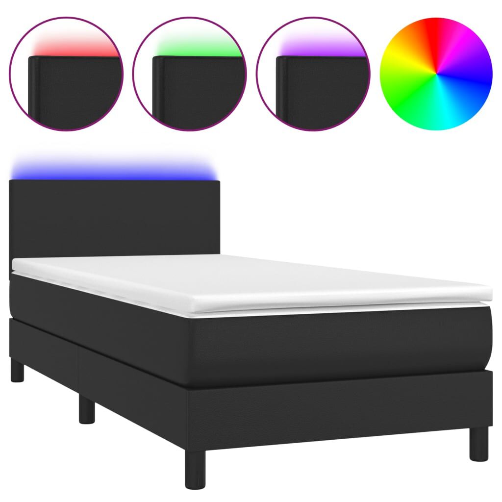 vidaXL Κρεβάτι Boxspring με Στρώμα & LED Μαύρο 90x190 εκ. Συνθ. Δέρμα