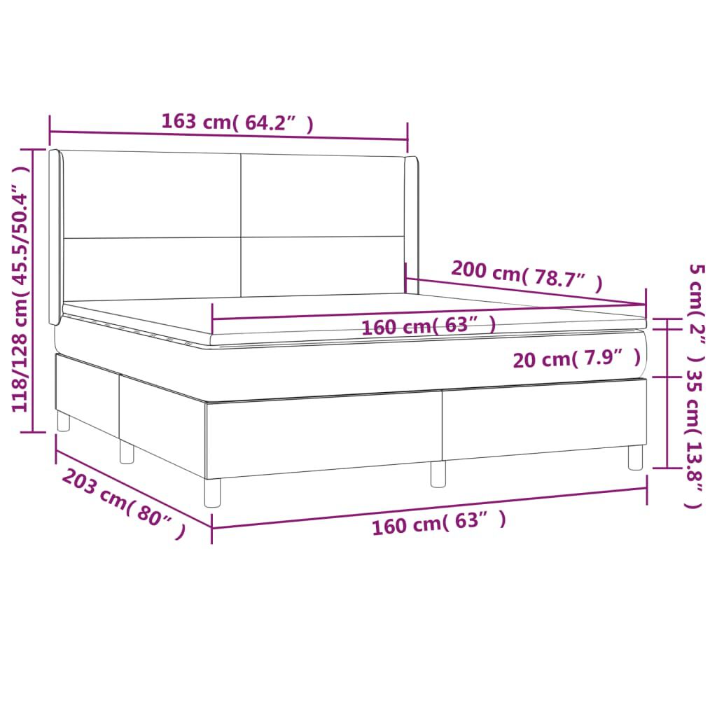 vidaXL Κρεβάτι Boxspring με Στρώμα & LED Σκ. Μπλε 160x200εκ. Βελούδινο