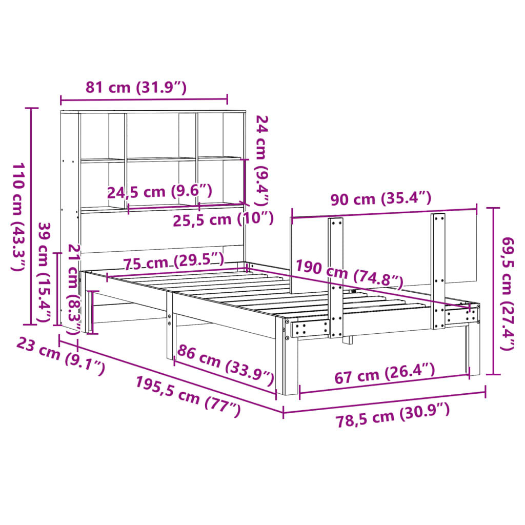 vidaXL Κρεβάτι Βιβλιοθήκη Χωρίς Στρώμα 75x190 εκ Μασίφ Ξύλο Πεύκο