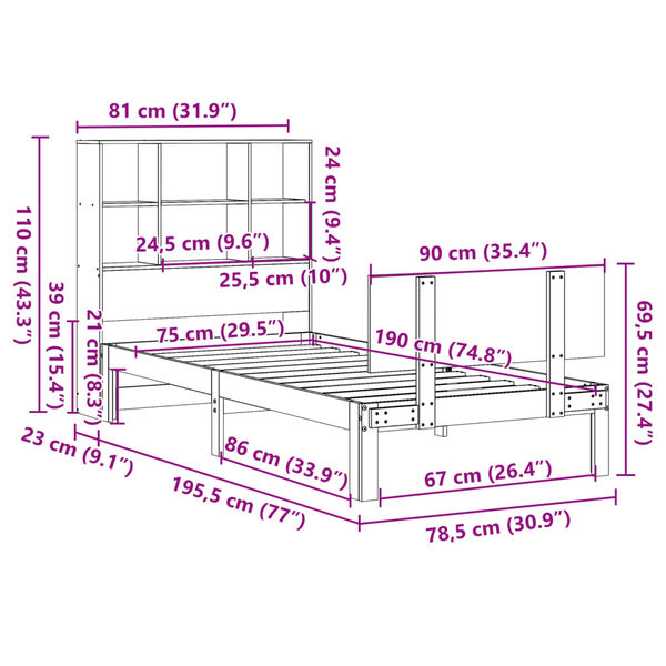 vidaXL Κρεβάτι Βιβλιοθήκη Χωρίς Στρώμα 75x190 εκ Μασίφ Ξύλο Πεύκο