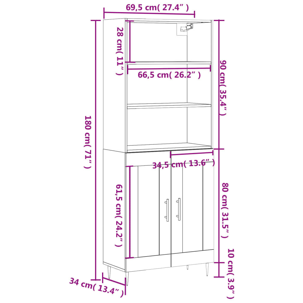 vidaXL Ντουλάπι Γκρι Σκυροδέματος 69,5x34x180 εκ. Επεξεργασμένο Ξύλο