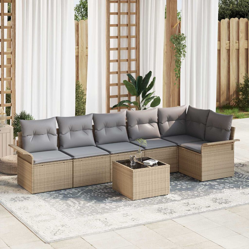 vidaXL Σετ Καναπέ Κήπου με μαξιλάρι 7 pcs Μπεζ Πολυ ράταν