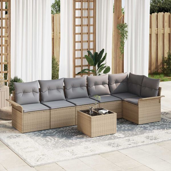vidaXL Σετ Καναπέ Κήπου με μαξιλάρι 7 pcs Μπεζ Πολυ ράταν
