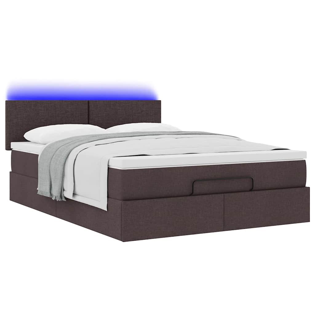 vidaXL Οθωμανικό κρεβάτι με στρώμα & LEDs Σκούρο καφέ 140x190cm Ύφασμα