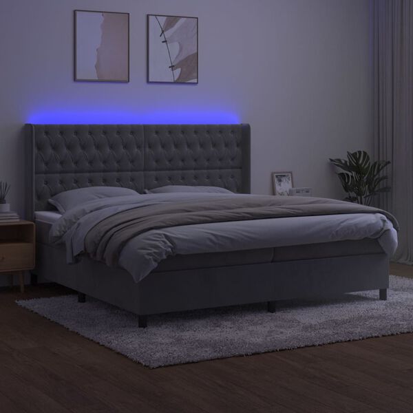 vidaXL Κρεβάτι Boxspring με Στρώμα & LED Αν.Γκρι 200x200 εκ. Βελούδινο