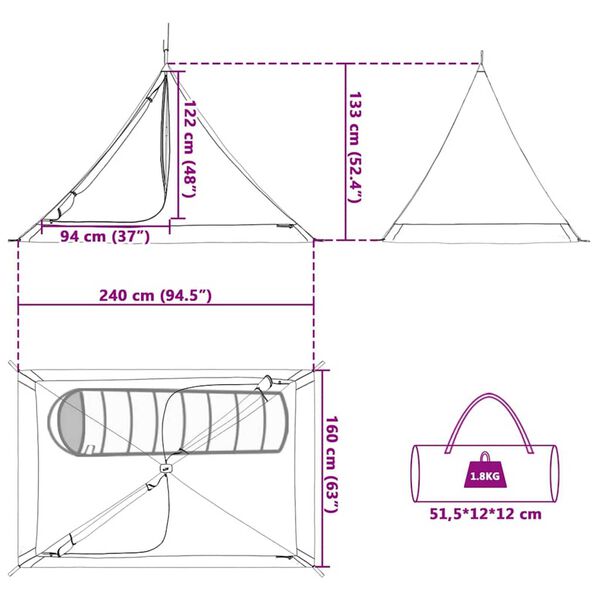 vidaXL Εσωτερική σκηνή Μαύρο 240 x 160 x 133 εκ Πλέγμα
