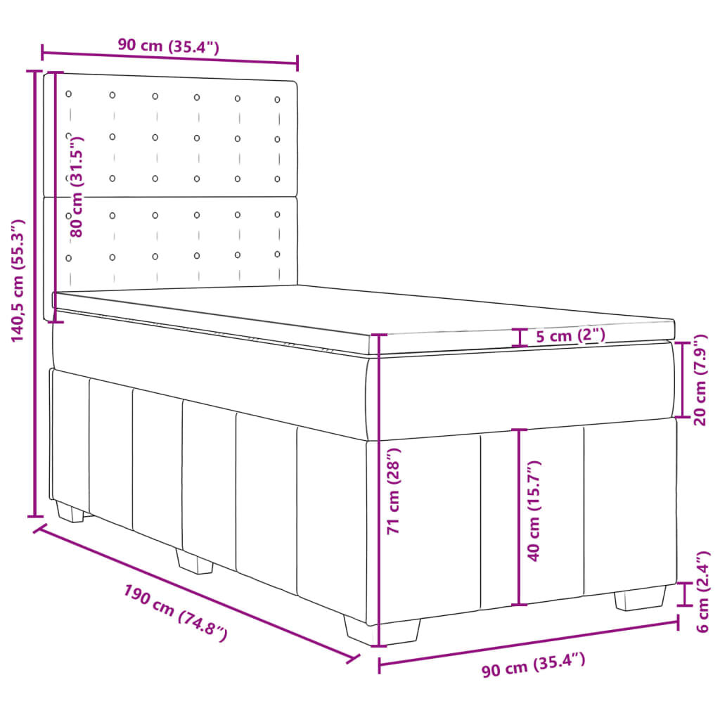 vidaXL Κρεβάτι Boxspring με Στρώμα Μαύρο 90x190 εκ.Υφασμάτινο