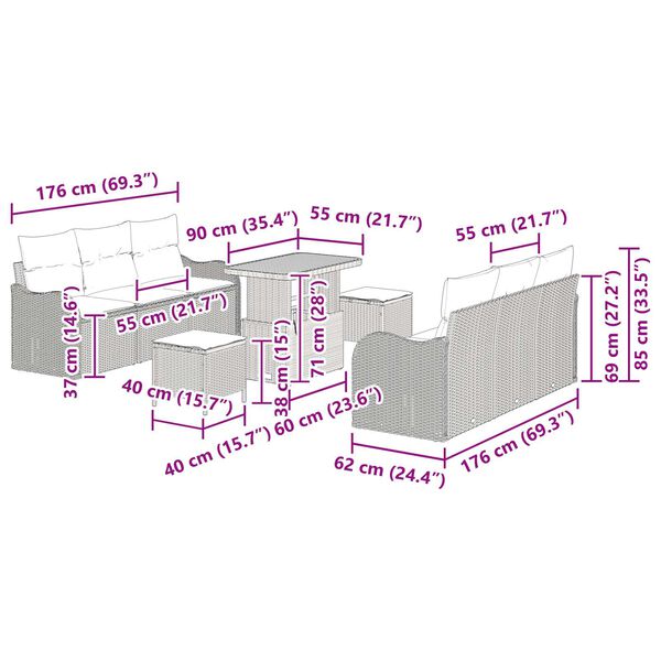 vidaXL Σετ Καναπέ Κήπου 9 pcs Μαύρο και Κρέμα 90 x 55 x 71 cm