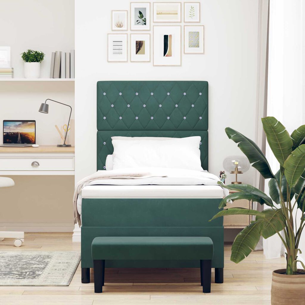 vidaXL Κρεβάτι Box Spring με Στρώμα & Παγκάκι Σκούρο Πράσινο 90x190 εκ. Βελούδο