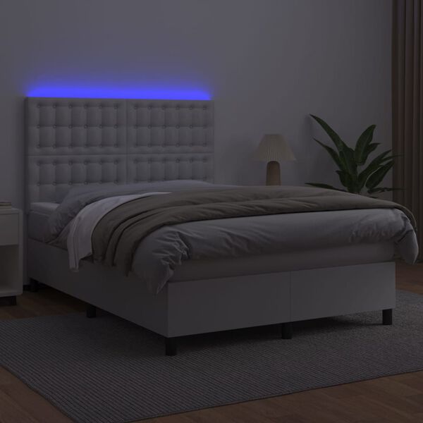 vidaXL Κρεβάτι Boxspring με Στρώμα & LED Λευκό 140x200 εκ. Συνθ. Δέρμα