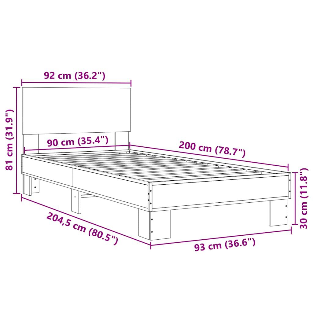 vidaXL Πλαίσιο Κρεβατιού Μαύρο 90 x 200 εκ. Επεξ. Ξύλο & Μέταλλο