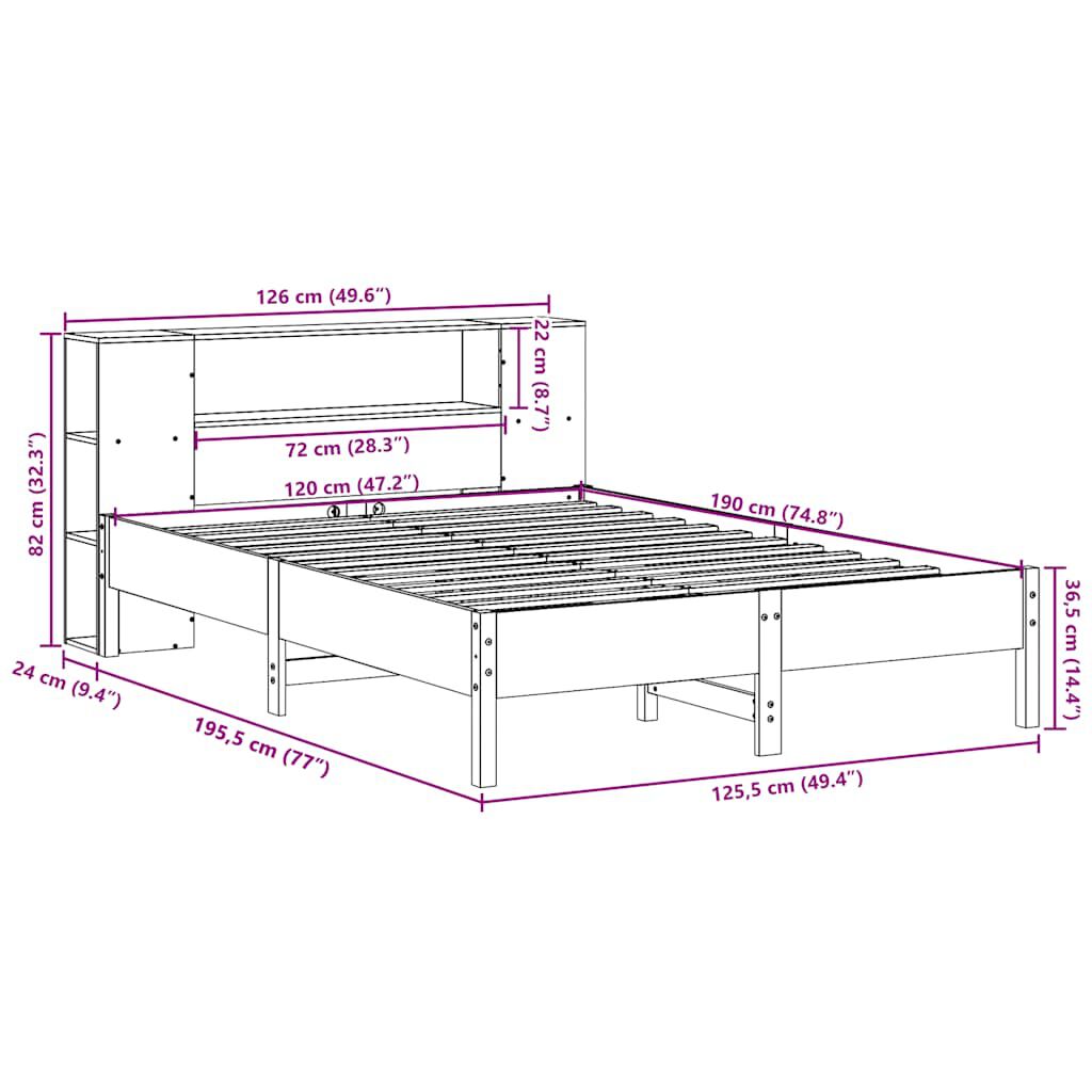 vidaXL Κρεβάτι Βιβλιοθήκη Χωρίς Στρώμα 120x190 εκ Μασίφ Ξύλο Πεύκου