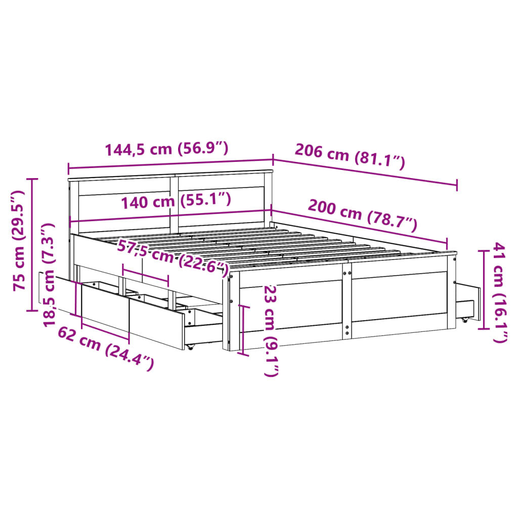 vidaXL Σκελετός Κρεβατιού Χωρίς Στρώμα 140x200 εκ Μασίφ Ξύλο Πεύκου