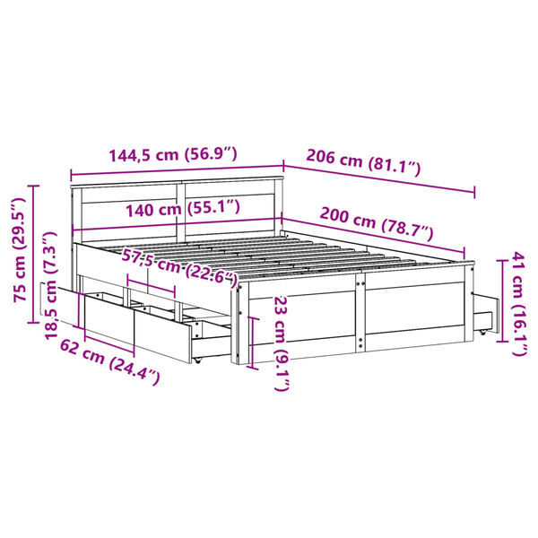 vidaXL Σκελετός Κρεβατιού Χωρίς Στρώμα 140x200 εκ Μασίφ Ξύλο Πεύκου