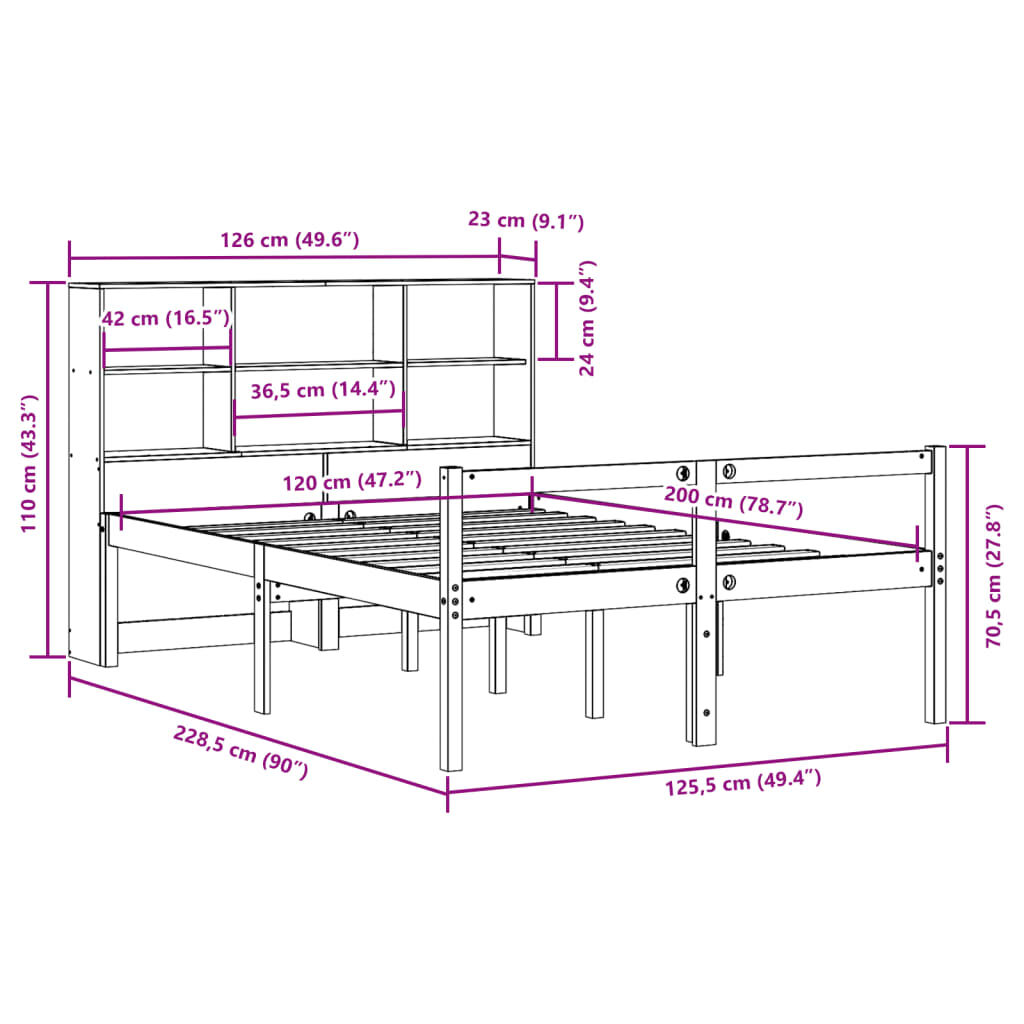 vidaXL Κρεβάτι Βιβλιοθήκη Χωρίς Στρώμα Καφέ 120x200 εκ Μασίφ Πεύκο