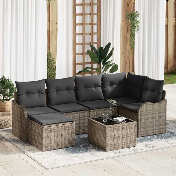 vidaXL Σετ Καναπέ Κήπου με μαξιλάρι 7 pcs Γκρι Πολυ ράταν