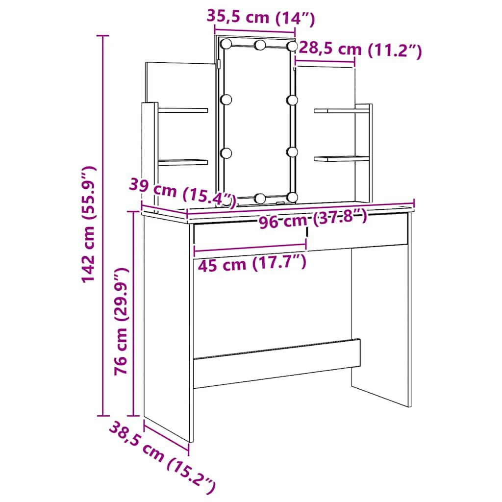 vidaXL Μπουντουάρ με LED Φώτα τεχνίτης Δρυς 96x40x142 εκ.