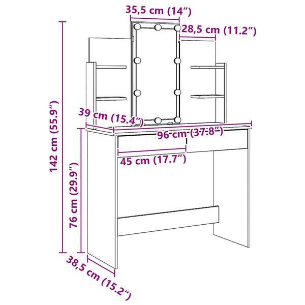 vidaXL Μπουντουάρ με LED Φώτα τεχνίτης Δρυς 96x40x142 εκ.