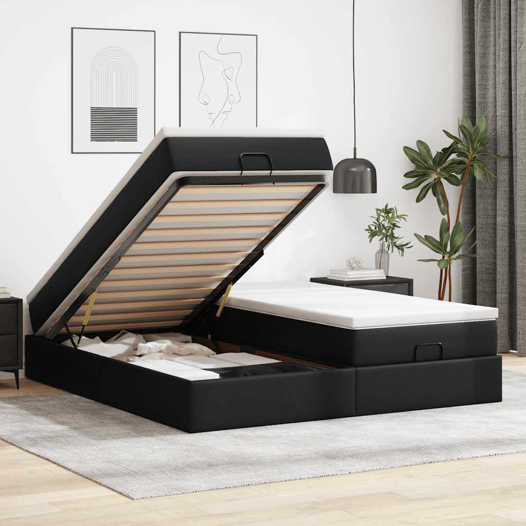 vidaXL Οθωμανικό κρεβάτι με στρώματα Μαύρο 200x200cm Faux Leather