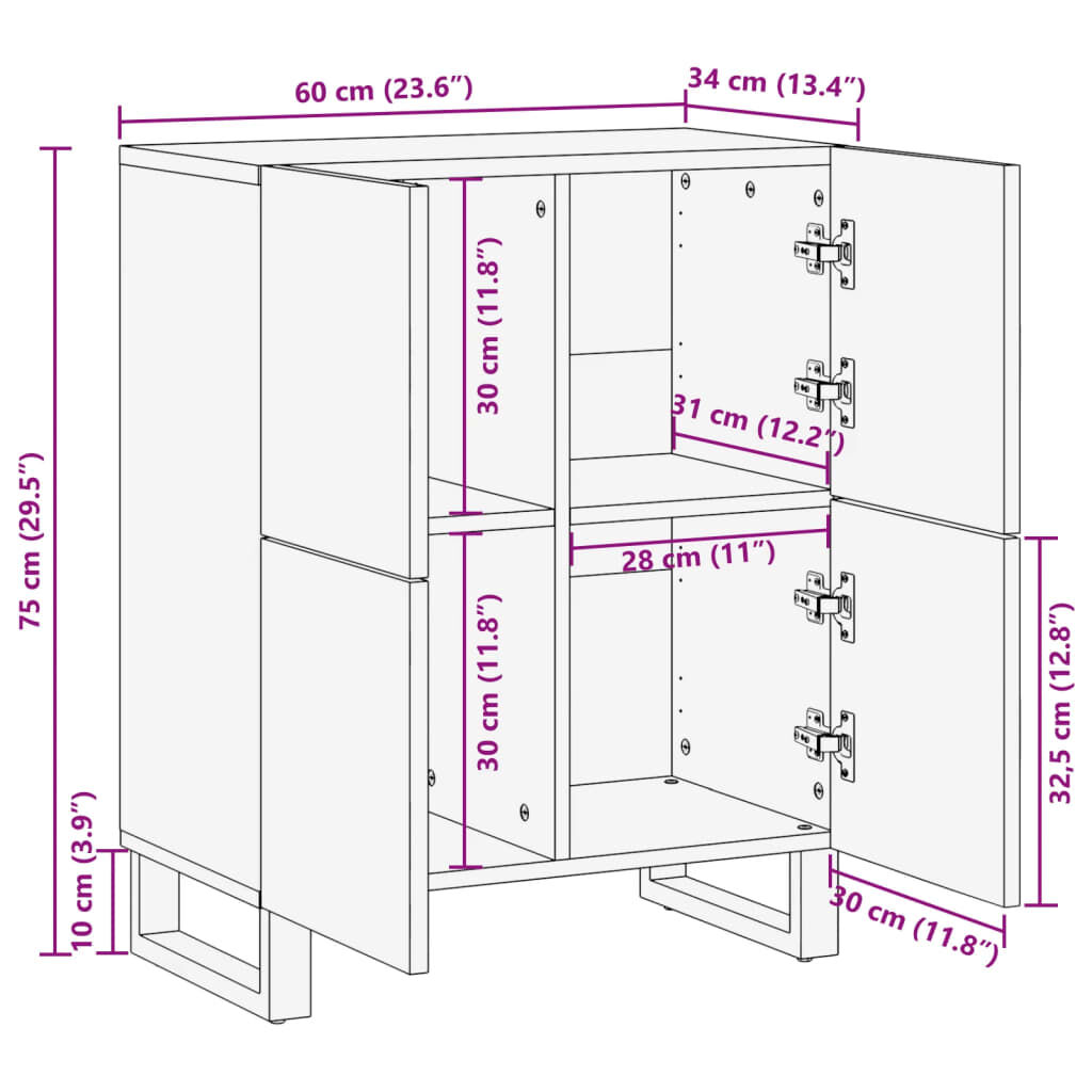 vidaXL Ντουλάπι 60 x 34 x 75 εκ. από Μασίφ Ακατέργαστο Ξύλο Μάνγκο