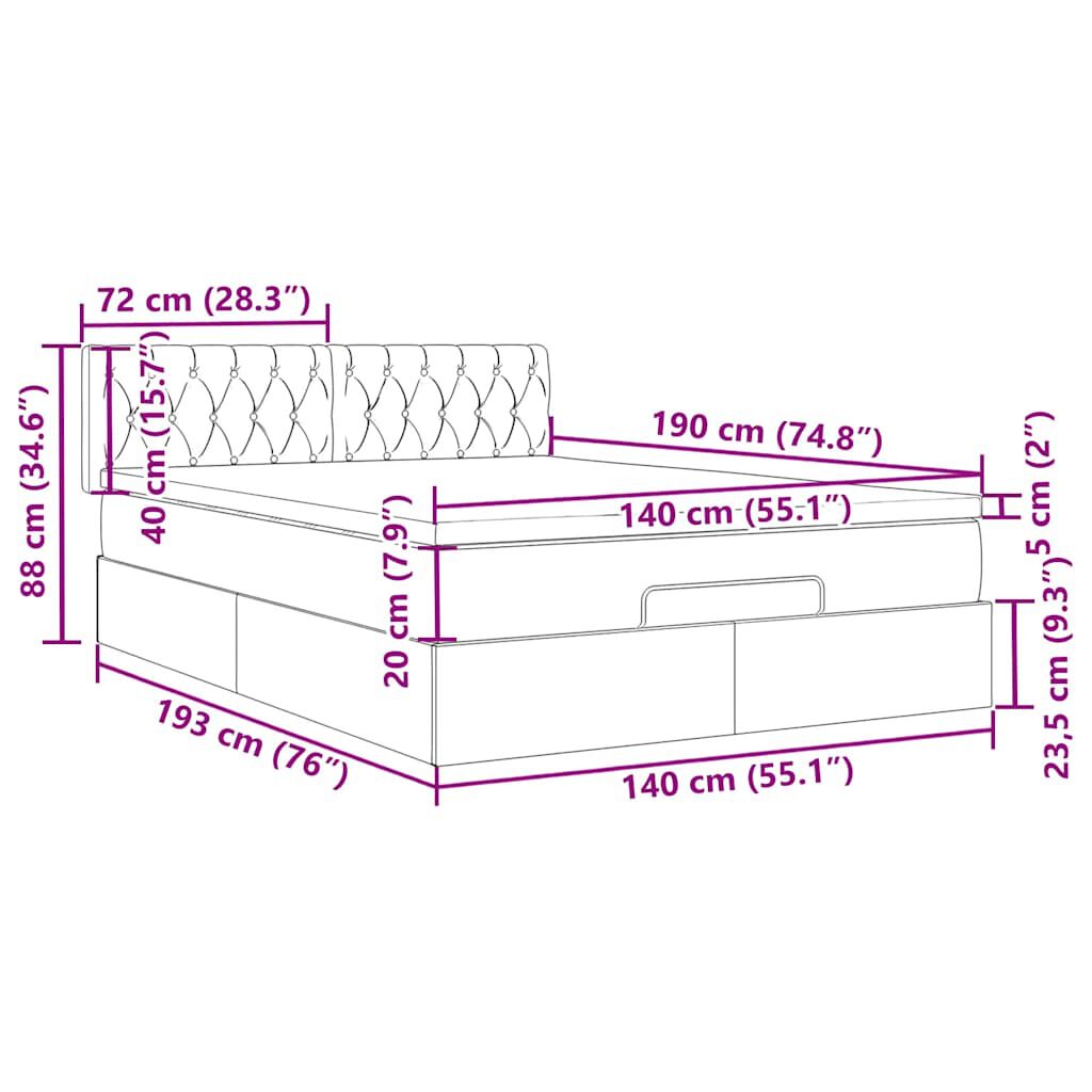 vidaXL Οθωμανικό κρεβάτι με στρώμα & LEDs Μαύρο 140x190cm Velvet