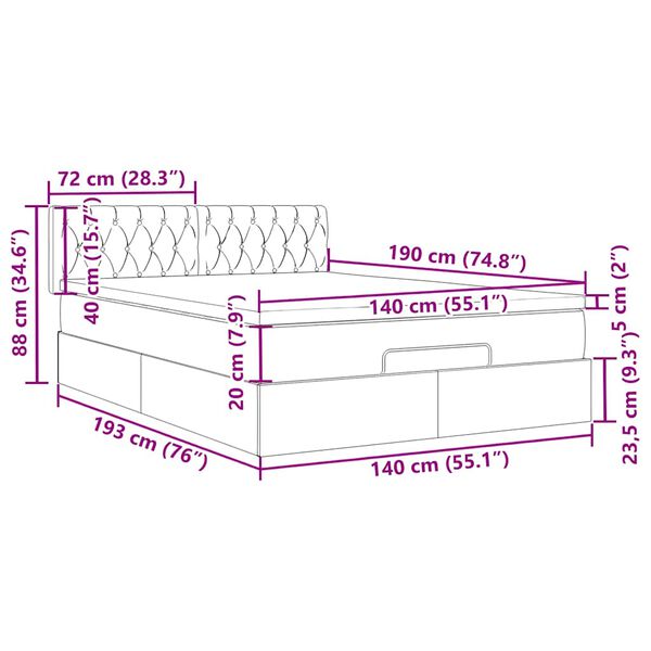 vidaXL Οθωμανικό κρεβάτι με στρώμα & LEDs Μαύρο 140x190cm Velvet