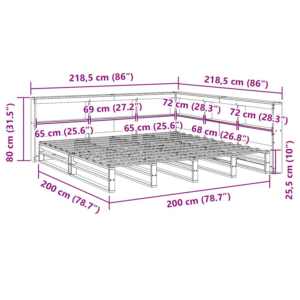 vidaXL Κρεβάτι Βιβλιοθήκη Χωρίς Στρώμα 200x200 εκ Μασίφ Ξύλο Πεύκου