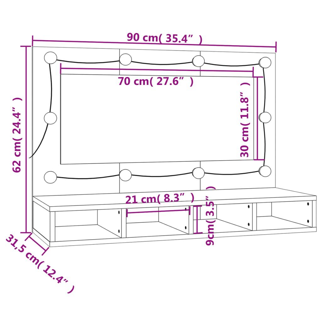 vidaXL Έπιπλο Καθρέπτη με LED Sonoma Δρυς 90x31,5x62 εκ.