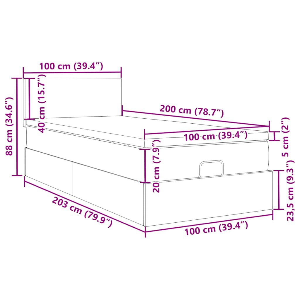 vidaXL Οθωμανικό κρεβάτι με στρώμα&LEDs Σκούρο γκρι 100x200cm Βελούδο