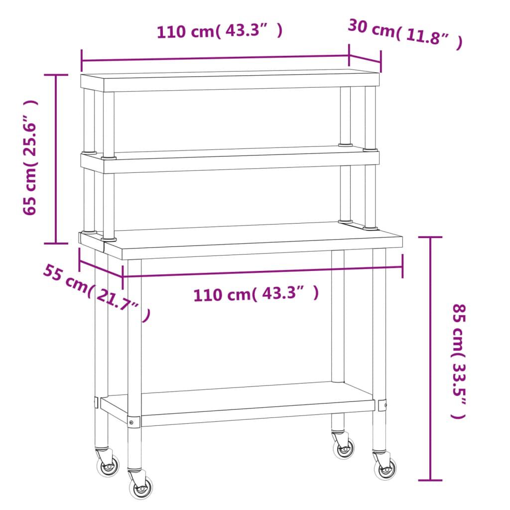 vidaXL Πάγκος Εργασίας Κουζίνας με Ράφι 110x55x150 εκ. Ανοξείδ. Ατσάλι