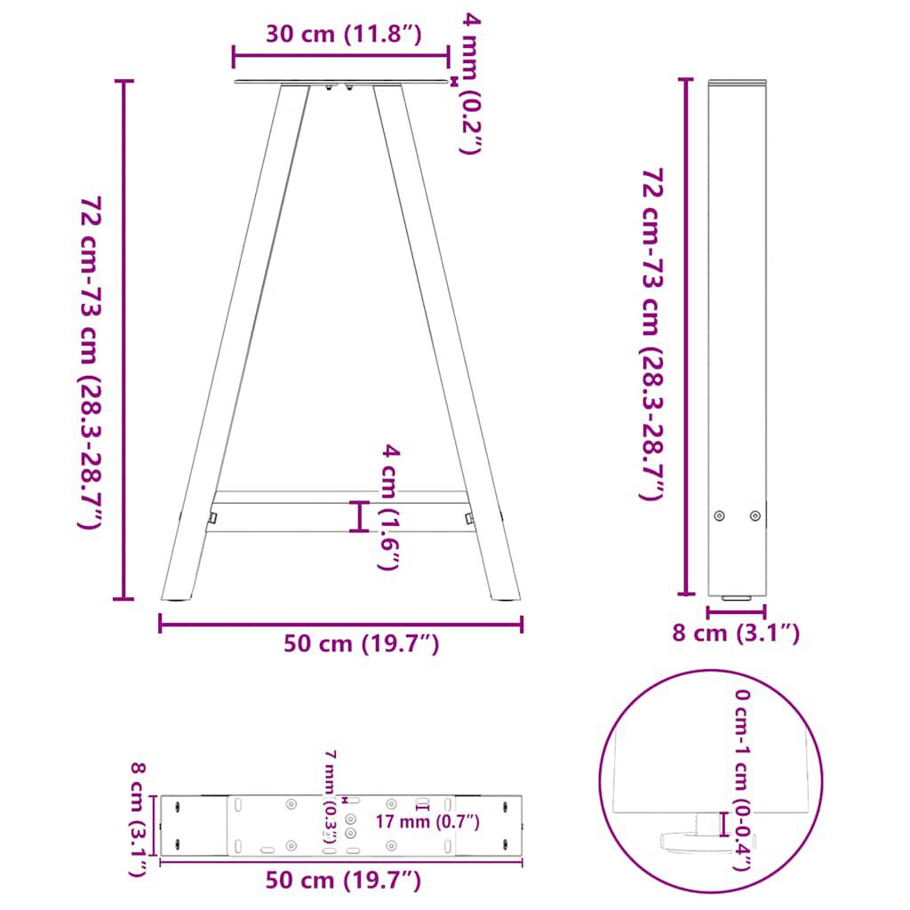 vidaXL Πόδια Τραπεζαρίας Σχήματος Α 2 τεμ. Μαύρο 50x(72-73) εκ. Ατσάλι