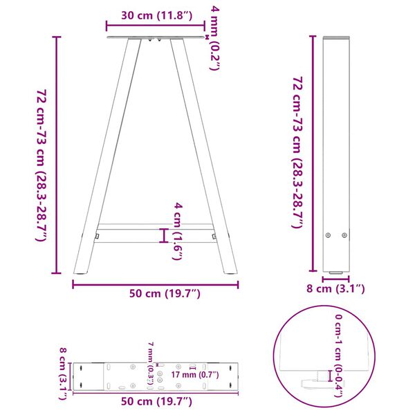 vidaXL Πόδια Τραπεζαρίας Σχήματος Α 2 τεμ. Μαύρο 50x(72-73) εκ. Ατσάλι