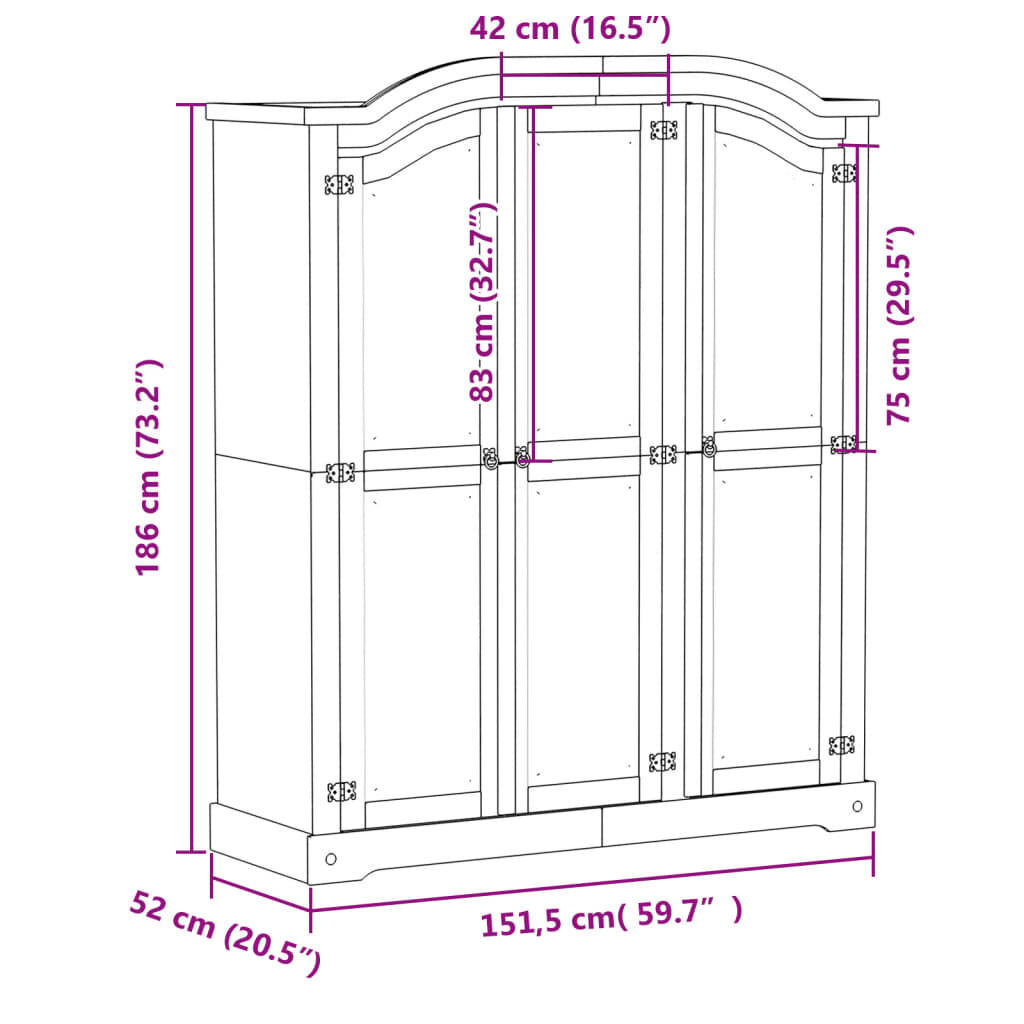 vidaXL Ντουλάπα Corona 151,5x52x186 εκ. από Μασίφ Ξύλο Πεύκου
