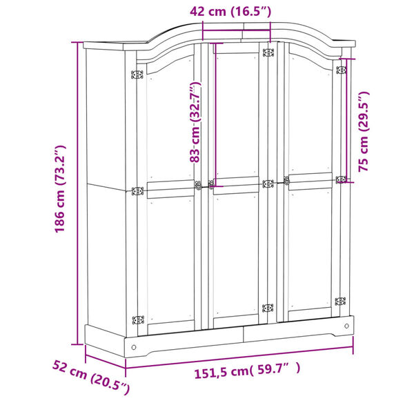 vidaXL Ντουλάπα Corona 151,5x52x186 εκ. από Μασίφ Ξύλο Πεύκου