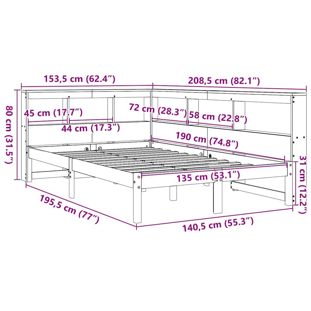 vidaXL Κρεβάτι Βιβλιοθήκη Χωρίς Στρώμα 135x190 εκ Μασίφ Ξύλο Πεύκου