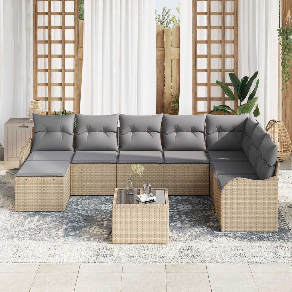 vidaXL Σετ Καναπέ Κήπου με μαξιλάρι 9 pcs Μπεζ Πολυ ράταν