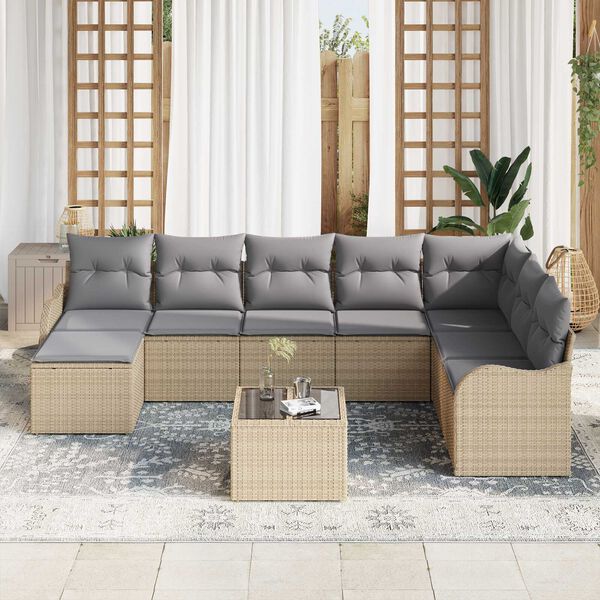 vidaXL Σετ Καναπέ Κήπου με μαξιλάρι 9 pcs Μπεζ Πολυ ράταν