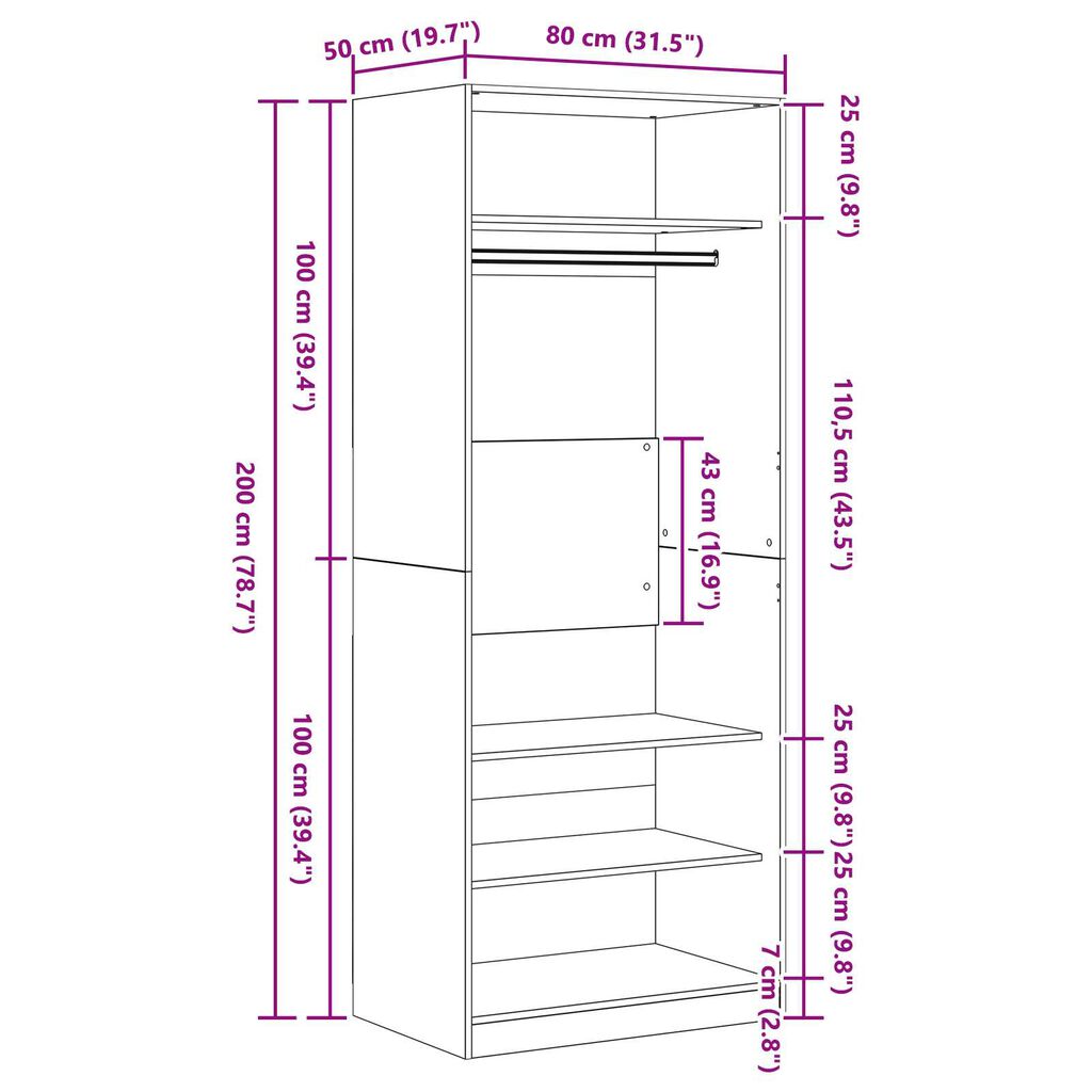 vidaXL Ντουλάπι Μαύρη Δρυς 80 x 50 x 200 εκ. Επεξεργασμένο ξύλο