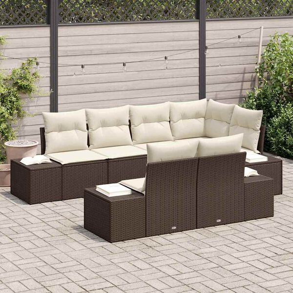 vidaXL Σετ Καναπέ Κήπου με μαξιλάρι 7 pcs Καφέ και κρεμ Πολυ ράταν