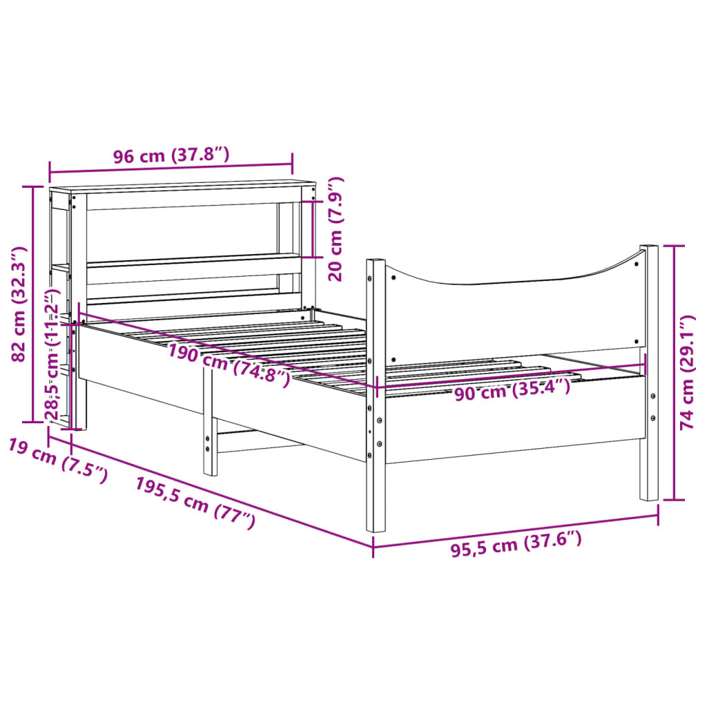 vidaXL Πλαίσιο Κρεβατιού με Κεφαλάρι 90 x 190εκ. από Μασίφ Ξύλο Πεύκου