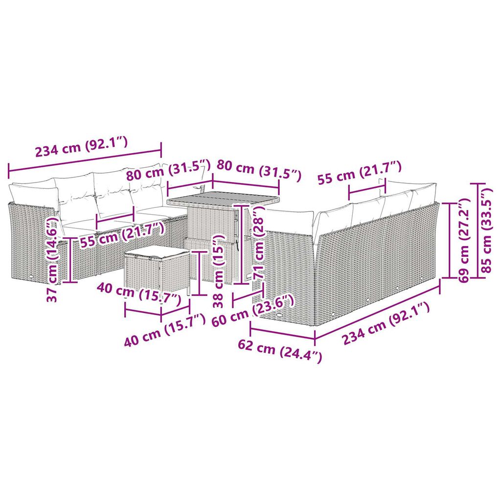 vidaXL Σετ Καναπέ Κήπου 11 pcs Μαύρο συνθετικό ρατάν