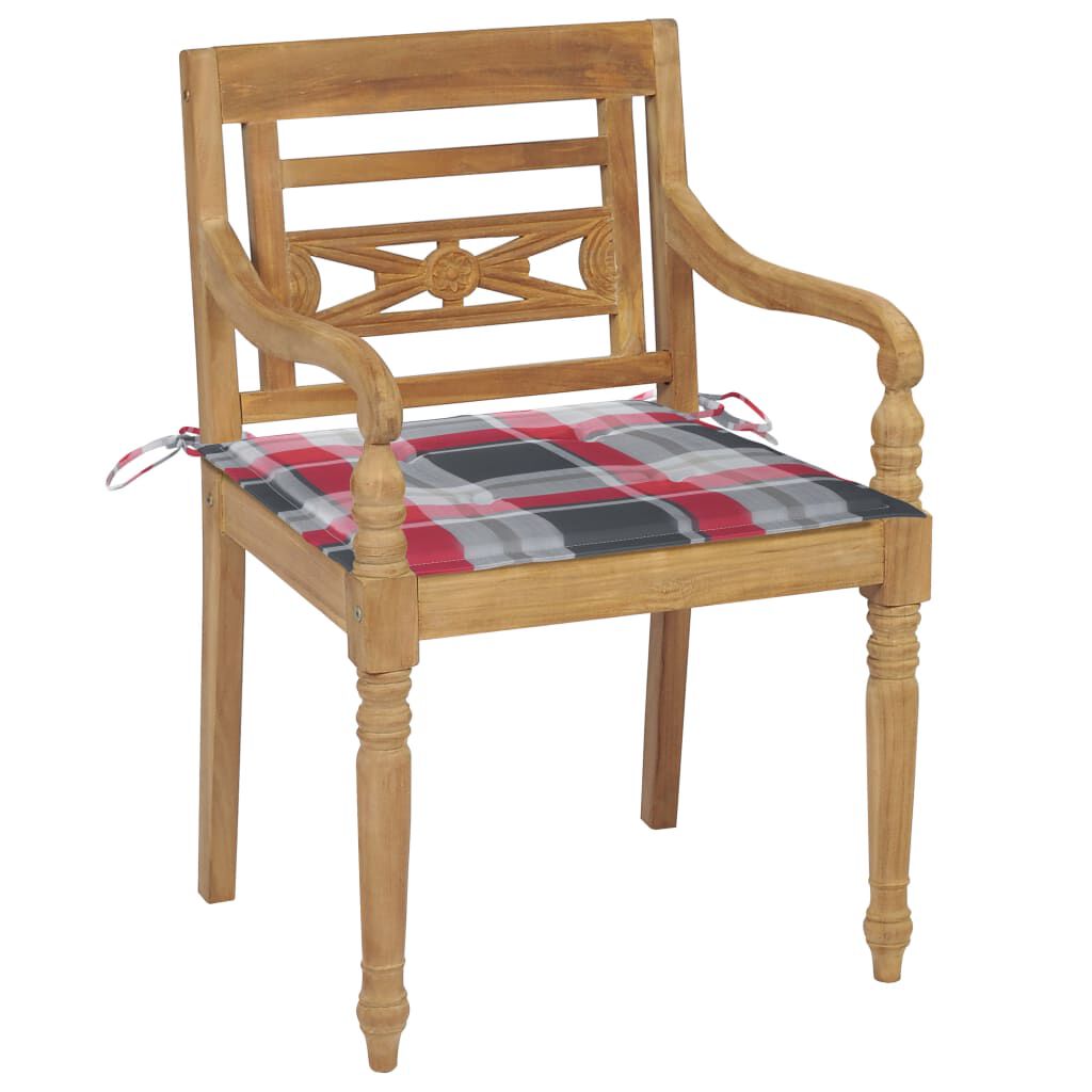 vidaXL Καρέκλες Batavia 2 τεμ. από Ξύλο Teak & Κόκκινα Καρό Μαξιλάρια