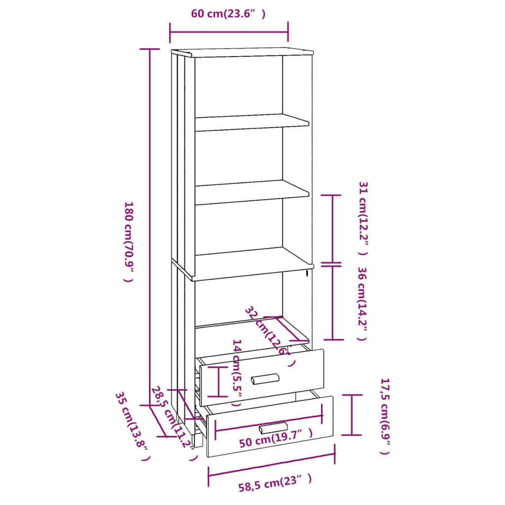 vidaXL Ραφιέρα HAMAR Λευκή 60 x 35 x 180 εκ. από Μασίφ Ξύλο Πεύκου