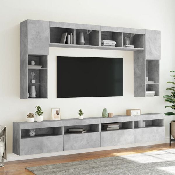 vidaXL Ντουλάπια Τηλεόρασης Τοίχου 8 τεμ. Φώτα LED Γκρι Σκυροδέματος