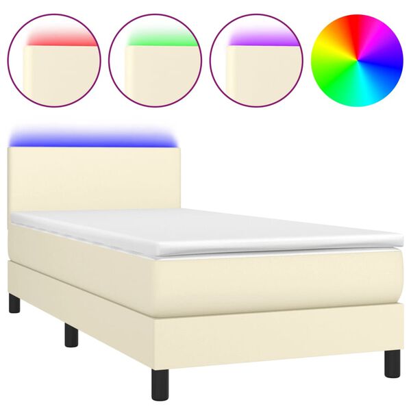 vidaXL Κρεβάτι Boxspring με Στρώμα & LED Κρεμ 100x200 εκ. Συνθ. Δέρμα