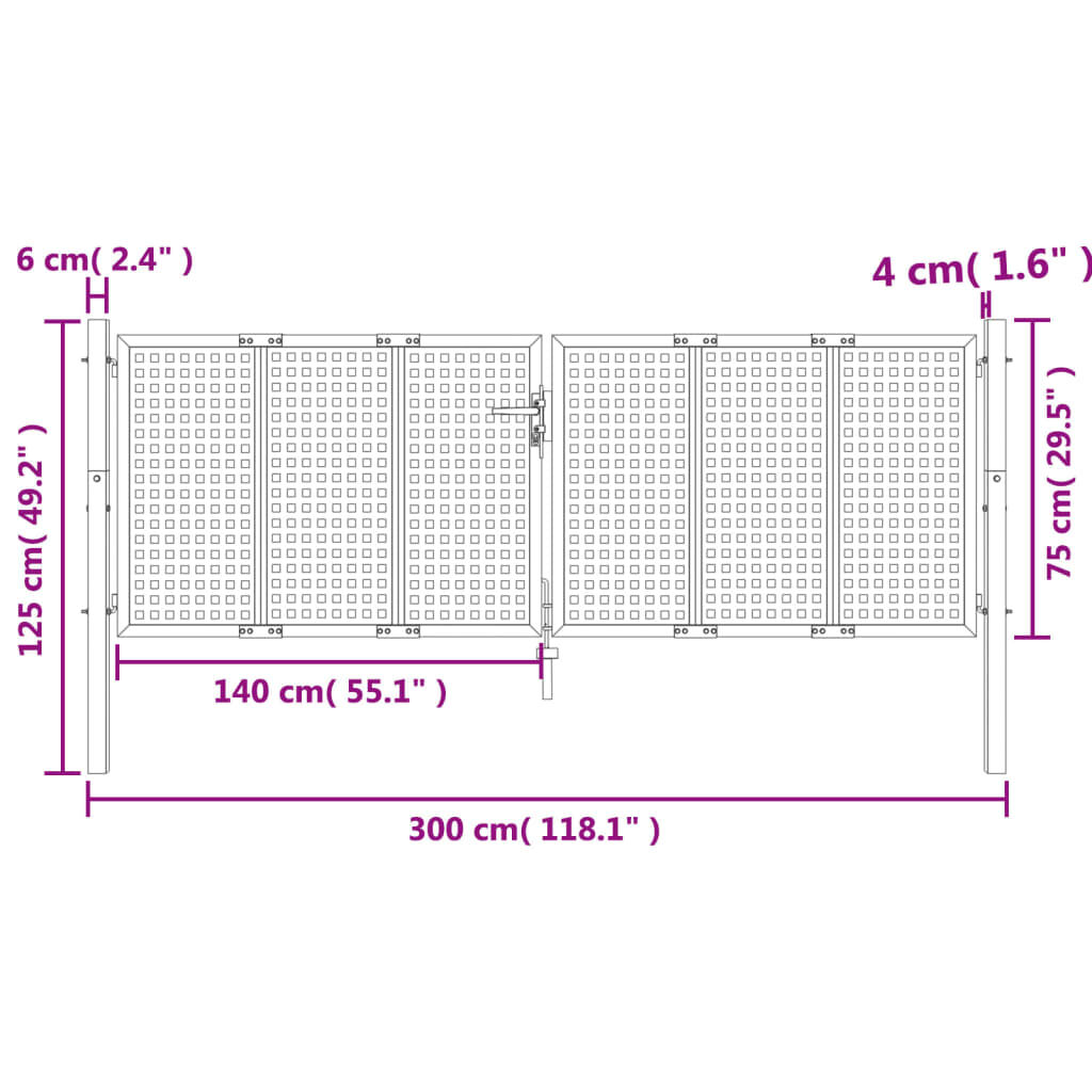 vidaXL Πύλη Κήπου Ανθρακί 300 x 125 εκ. Ατσάλινη