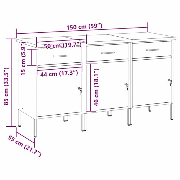 vidaXL Ντουλάπα Εργασίας 3 pcs Μαύρο και Γκρι 150 x 55 x 85 εκ